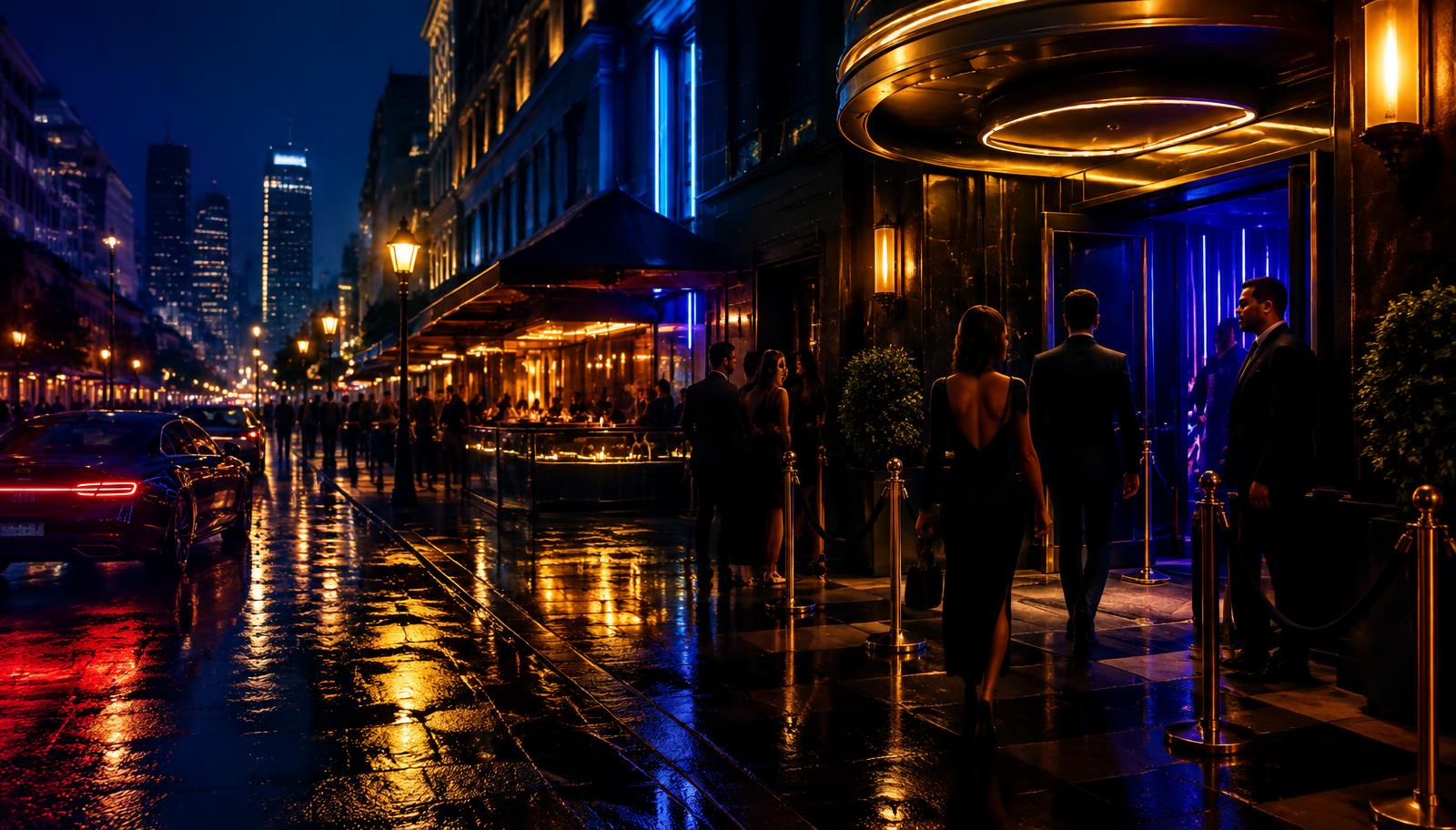 Calle nocturna con bares y discotecas